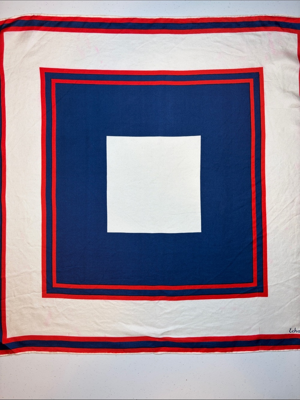 Vintage ECHO 100% Silk Square Scarf Red White Navy Blue Geometric 23"x23"